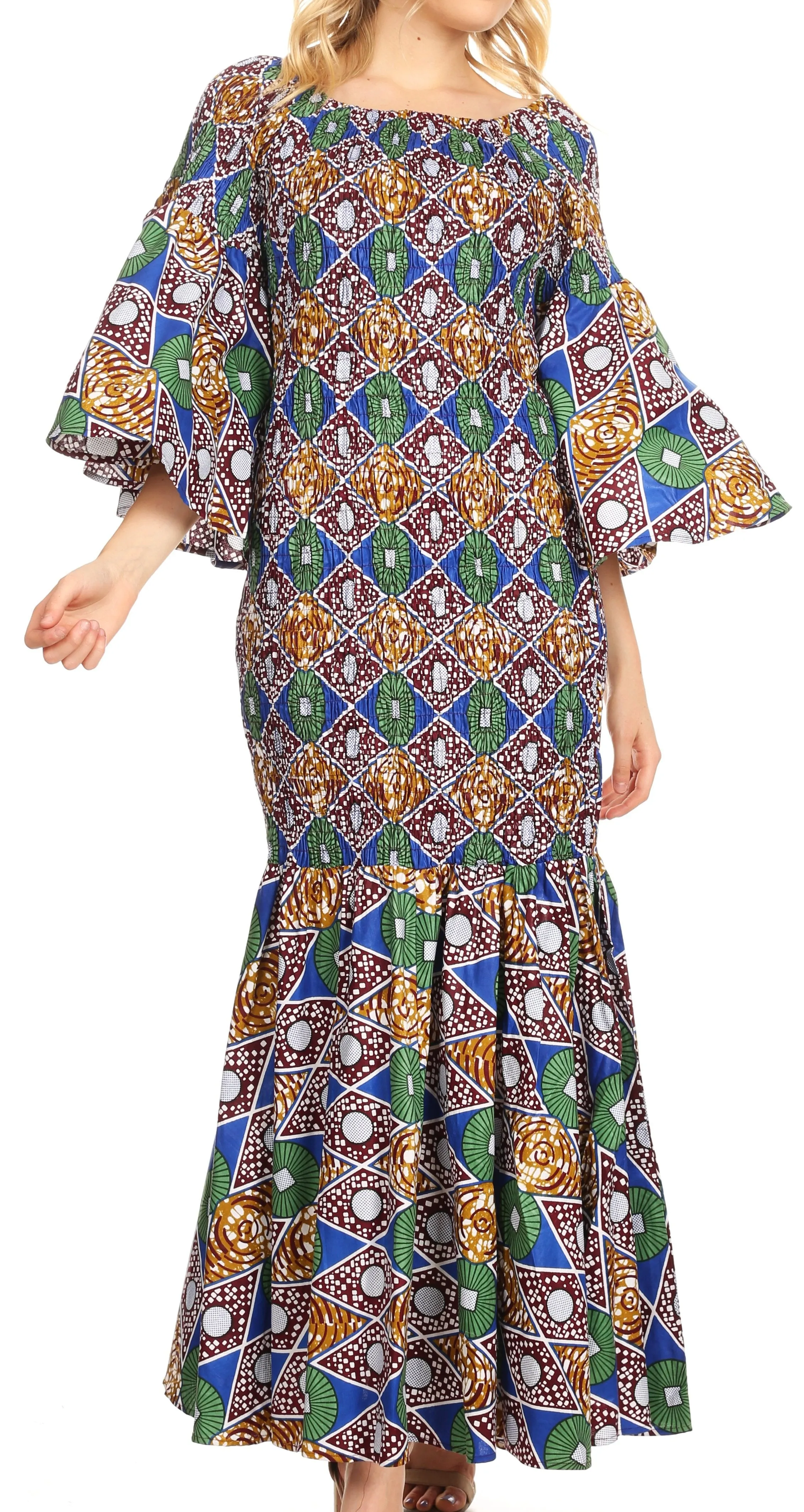 Sakkas Zarah Women's African Ankara Body-con Off shoulder Mermaid Pocket Dress