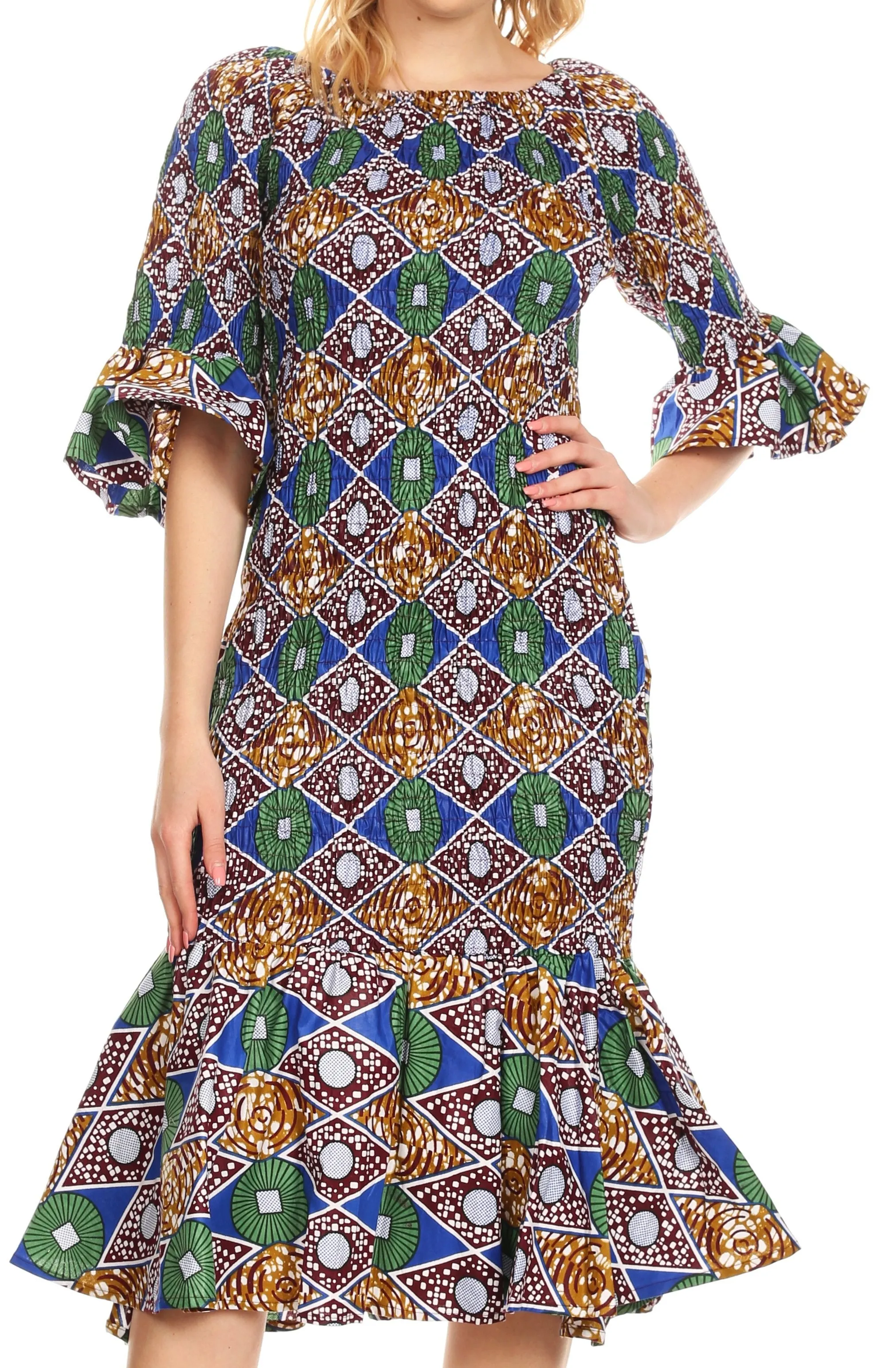 Sakkas Zarah Women's African Ankara Body-con Off shoulder Mermaid Pocket Dress