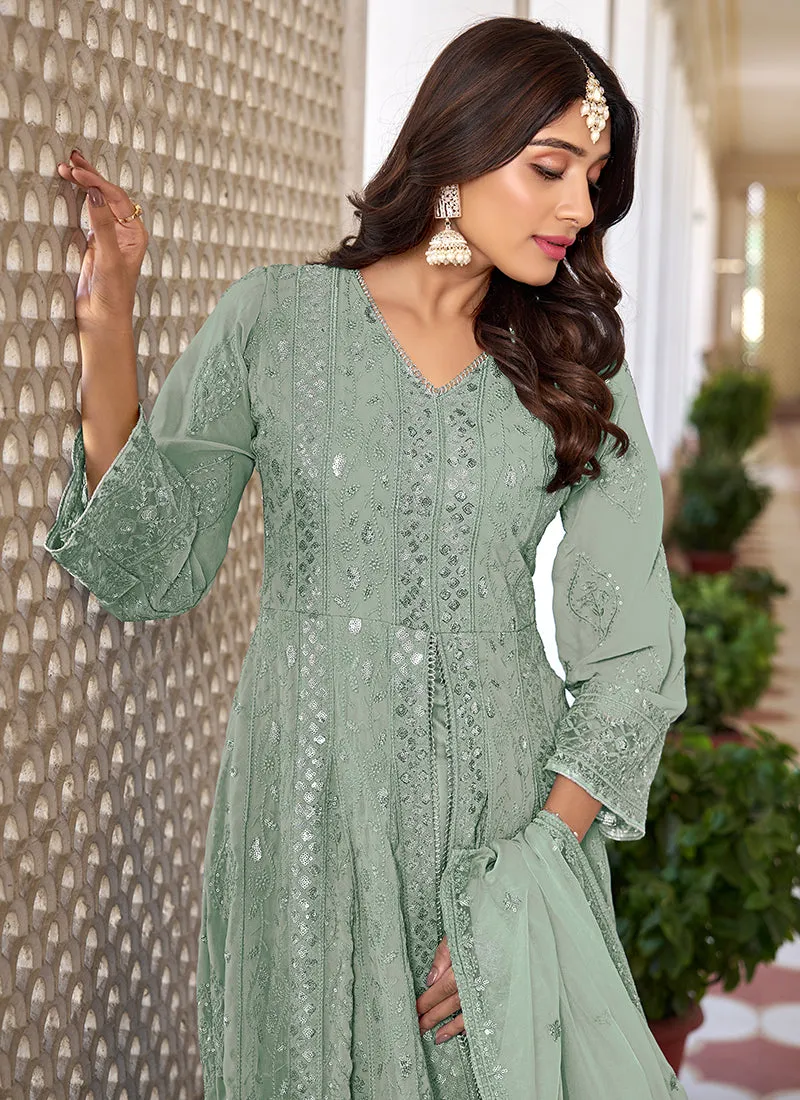 Sea Green Sequence Embroidery Slit Style Anarkali Pant Suit