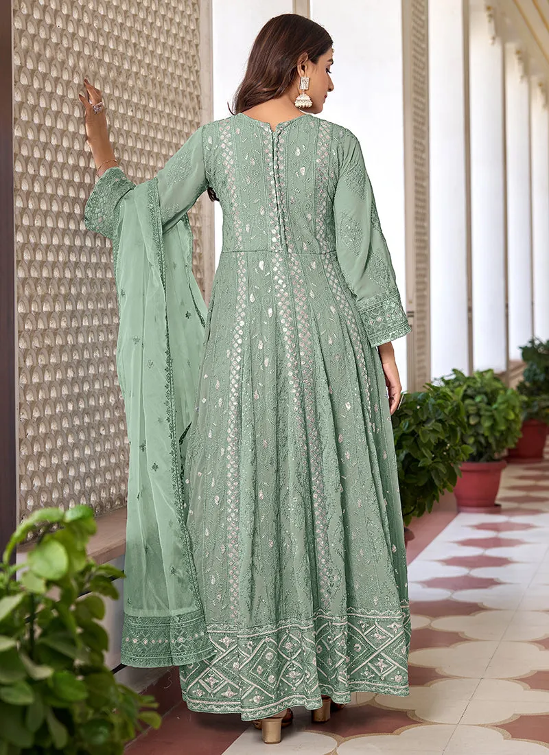 Sea Green Sequence Embroidery Slit Style Anarkali Pant Suit