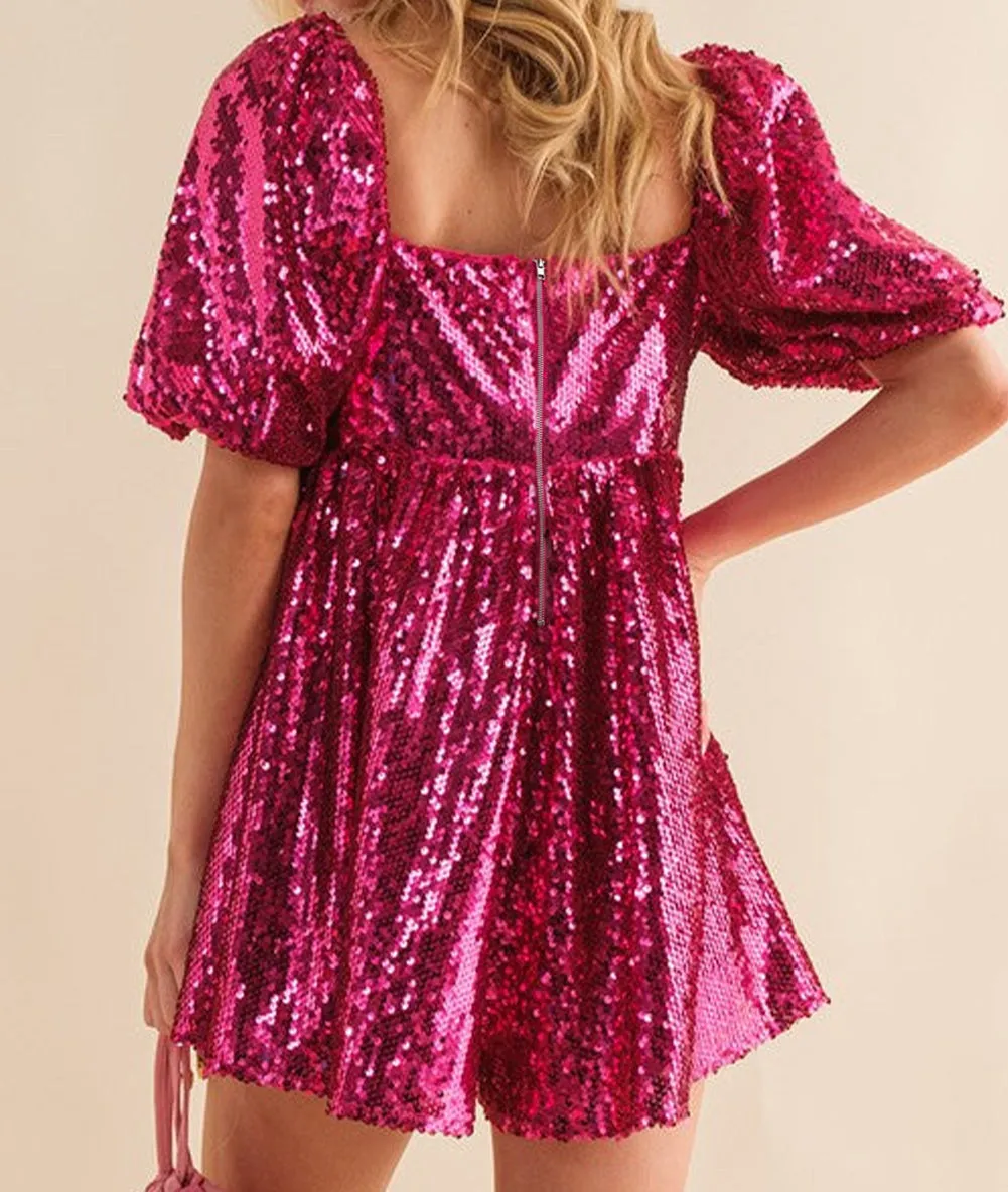 Sequin Puff Sleeve Babydoll Romper