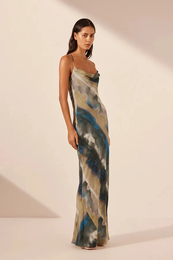 SHONA JOY - Jardin Double Cowl Bias Maxi Dress - Aqua/Multi