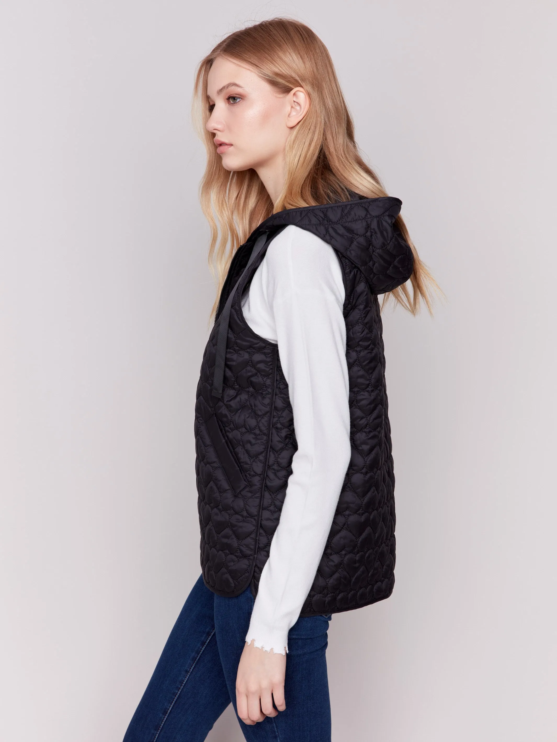 Short Quilted Puffer Vest with Hood - Black