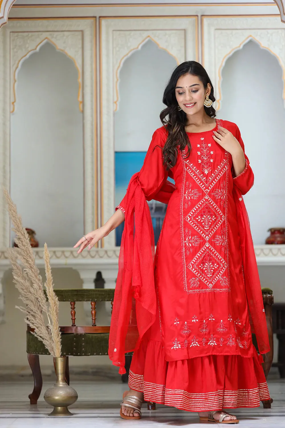 Silk Red Zari Embroidered Sharara Set with Kota Doria Dupatta