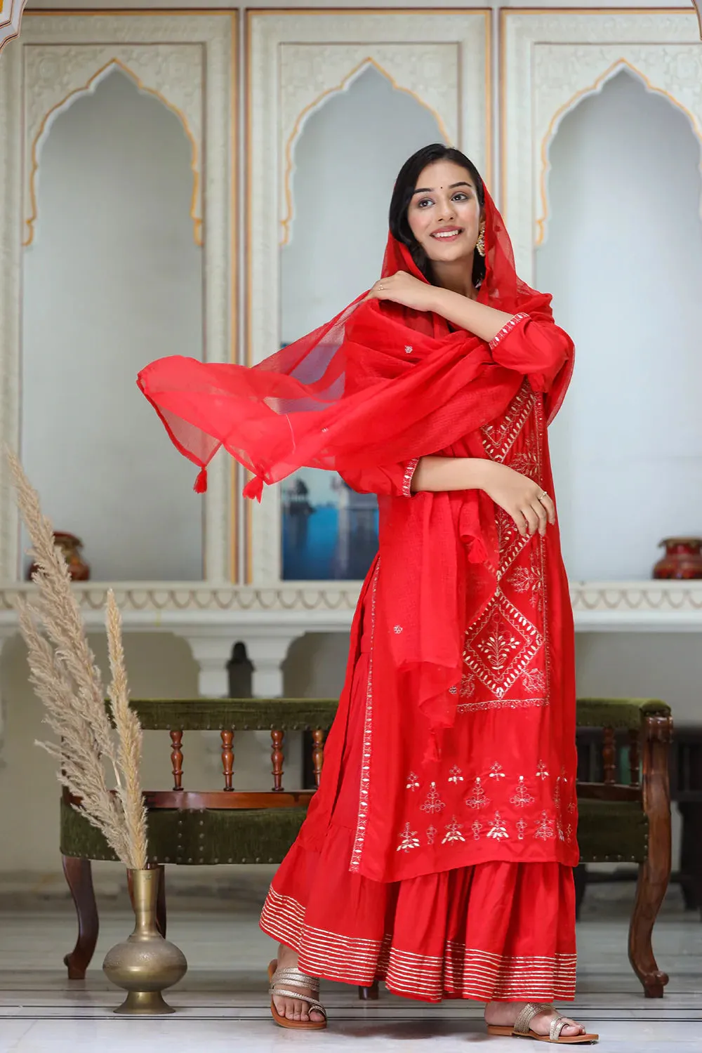 Silk Red Zari Embroidered Sharara Set with Kota Doria Dupatta