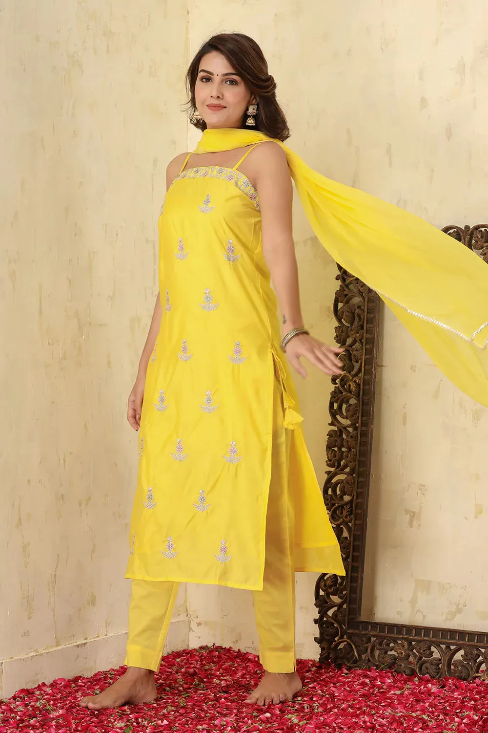 Silk Yellow Embroidered Sleeveless Suit Set with Dupatta