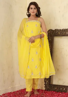 Silk Yellow Embroidered Sleeveless Suit Set with Dupatta