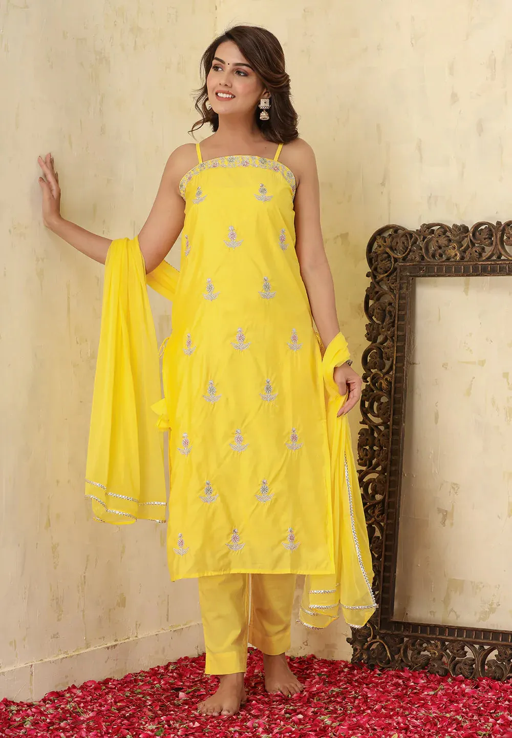 Silk Yellow Embroidered Sleeveless Suit Set with Dupatta