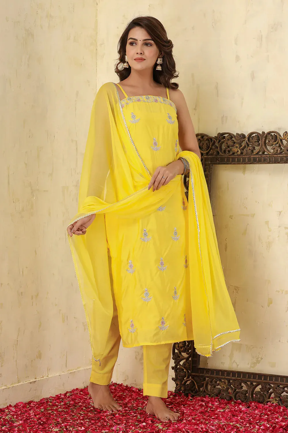 Silk Yellow Embroidered Sleeveless Suit Set with Dupatta