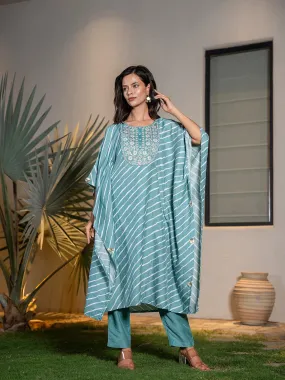 Sky Blue Silk Blend Thread Work Embroidery & Leheriya Print Kaftan Style Kurta Trouser Set