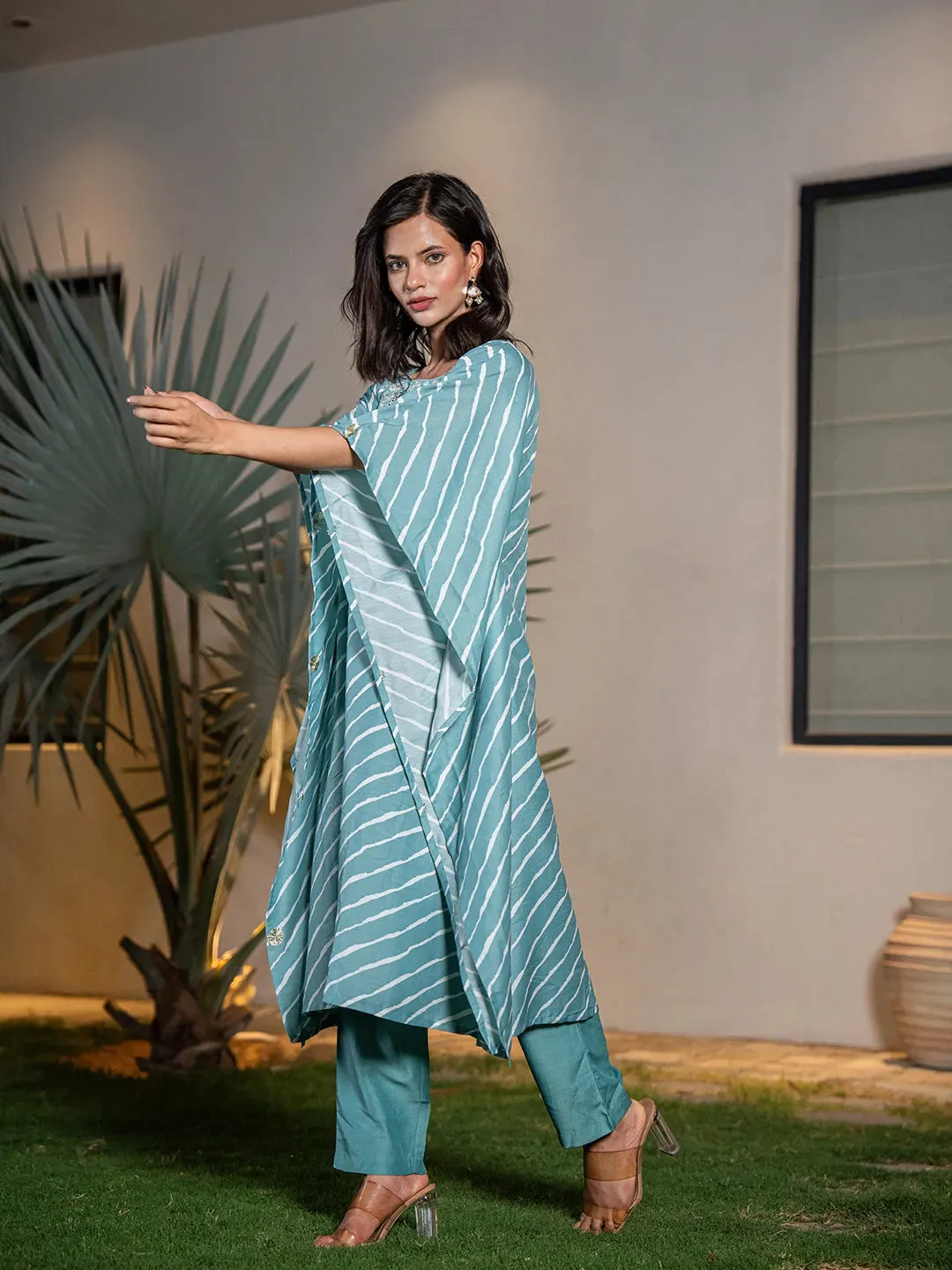 Sky Blue Silk Blend Thread Work Embroidery & Leheriya Print Kaftan Style Kurta Trouser Set