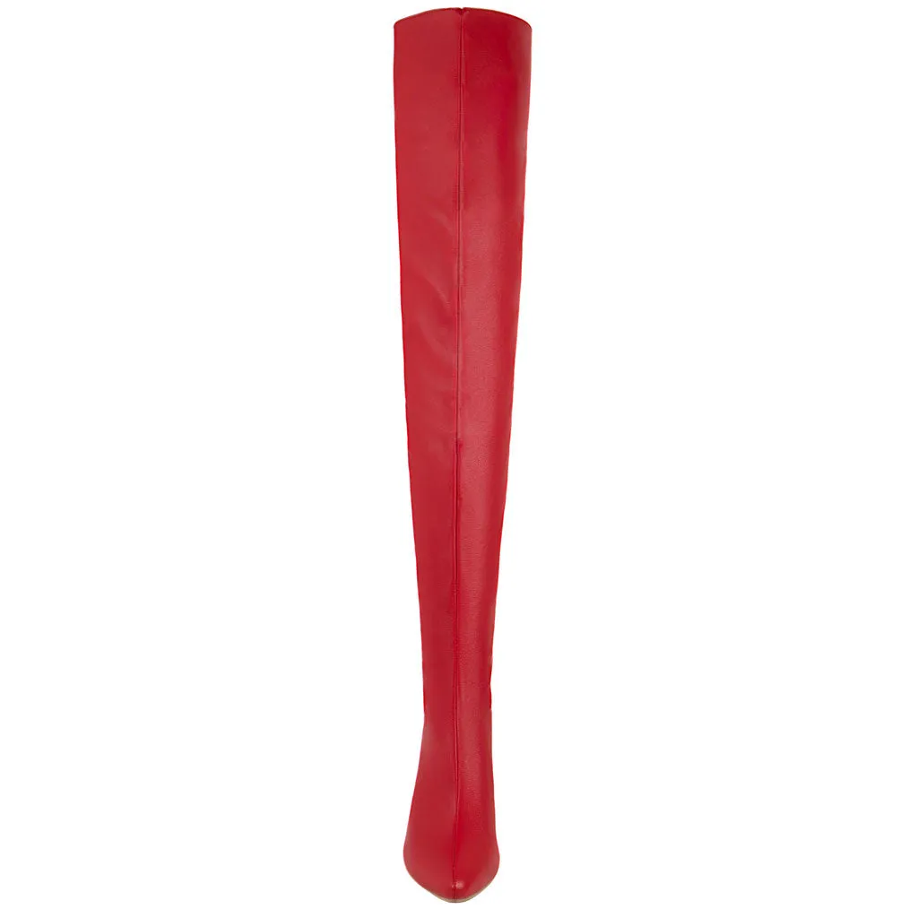 Sleek Pointed Toe Faux Leather Over Knee Stiletto Boots - Red