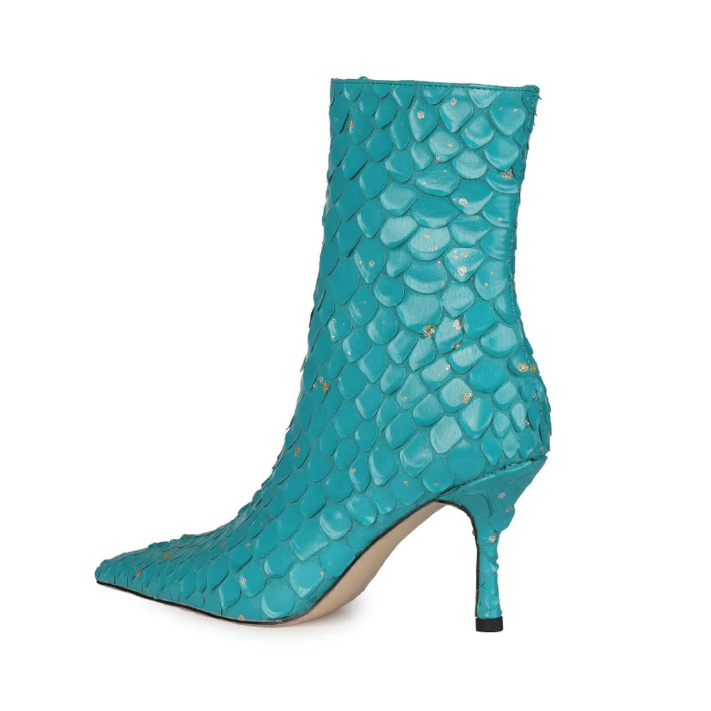 Sparkly Diamante Effect Mermaid Scale Pointed Heeled Ankle Boots - Teal