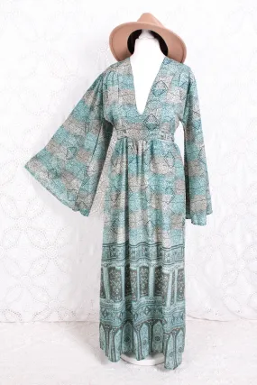 Stevie Maxi Dress - Vintage Indian Sari - Submerged Aqua Mosaic - XS