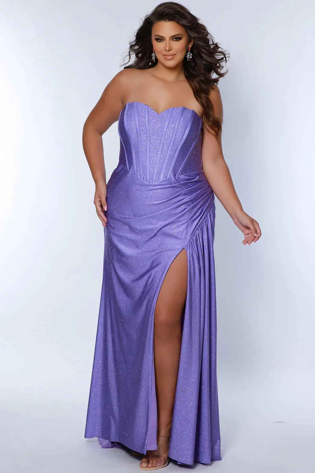 Sydneys Closet SC7390 Long Fitted Plus Size Strapless Corset Ruched Maxi Slit Train Pageant Dress Formal Gown