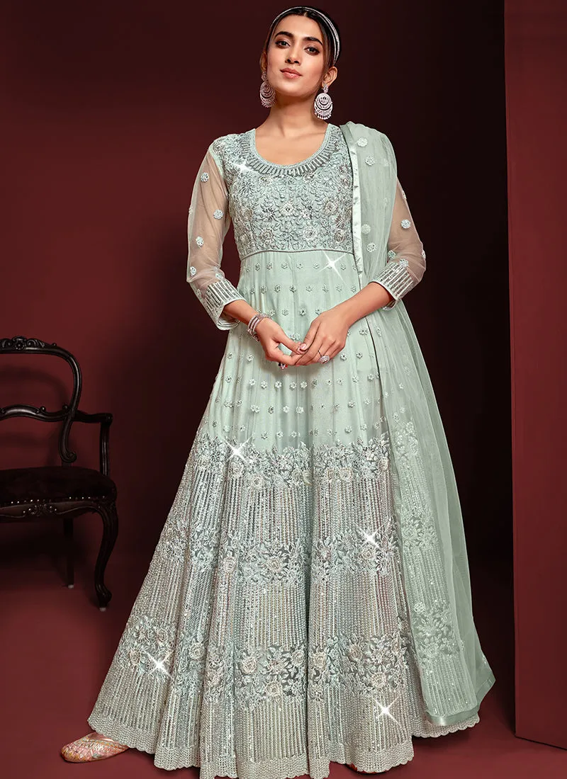 Teal Blue Sequence Embroidery Festive Anarkali Gown