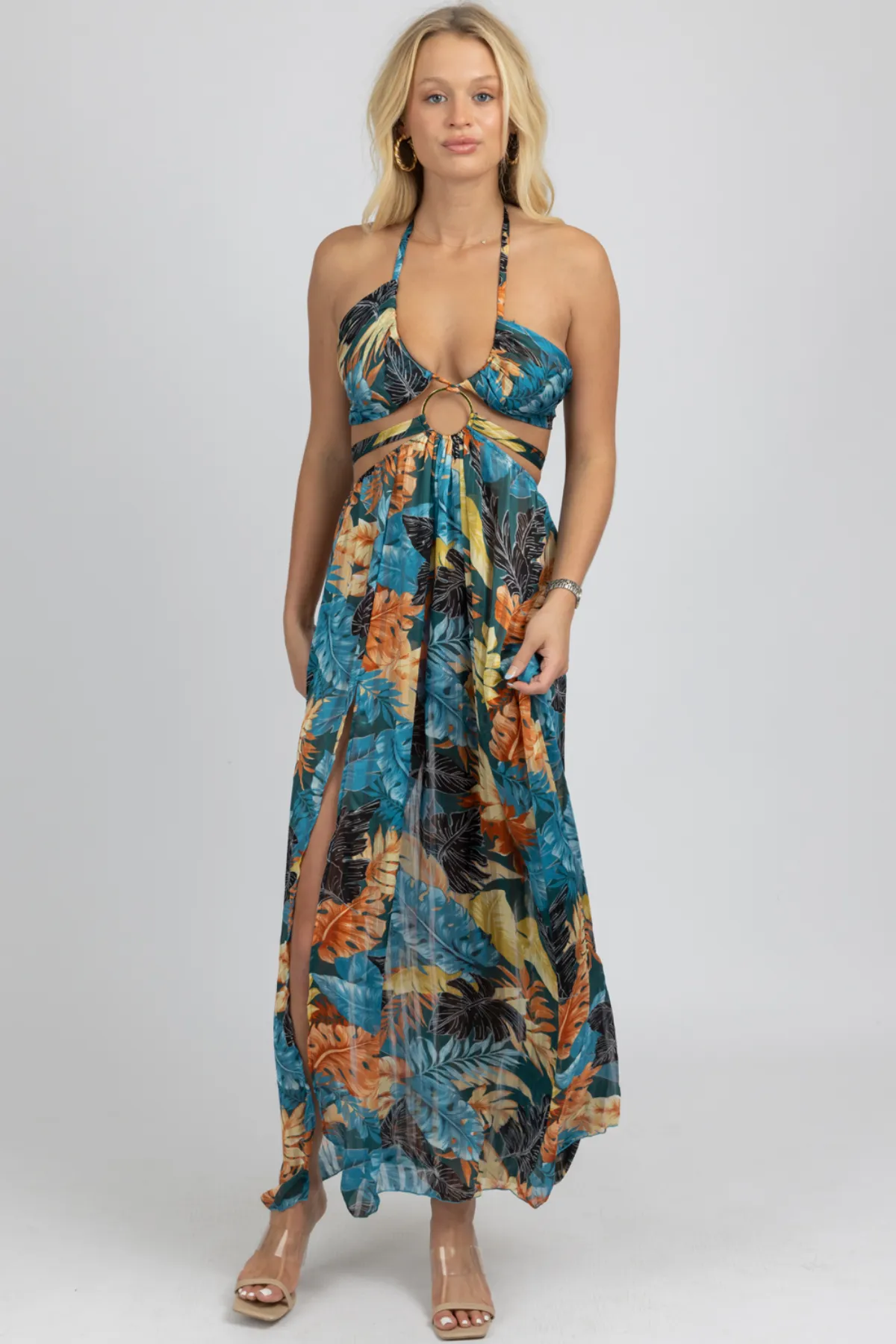 TEAL TROPICAL HIGH SLIT MAXI COVER UP