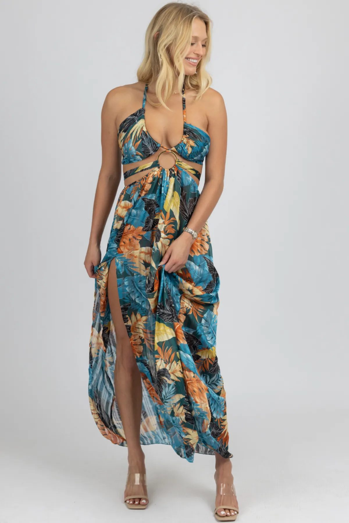 TEAL TROPICAL HIGH SLIT MAXI COVER UP