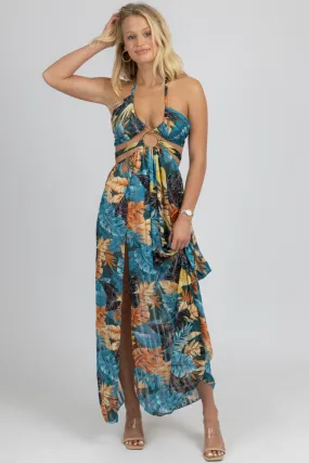 TEAL TROPICAL HIGH SLIT MAXI COVER UP