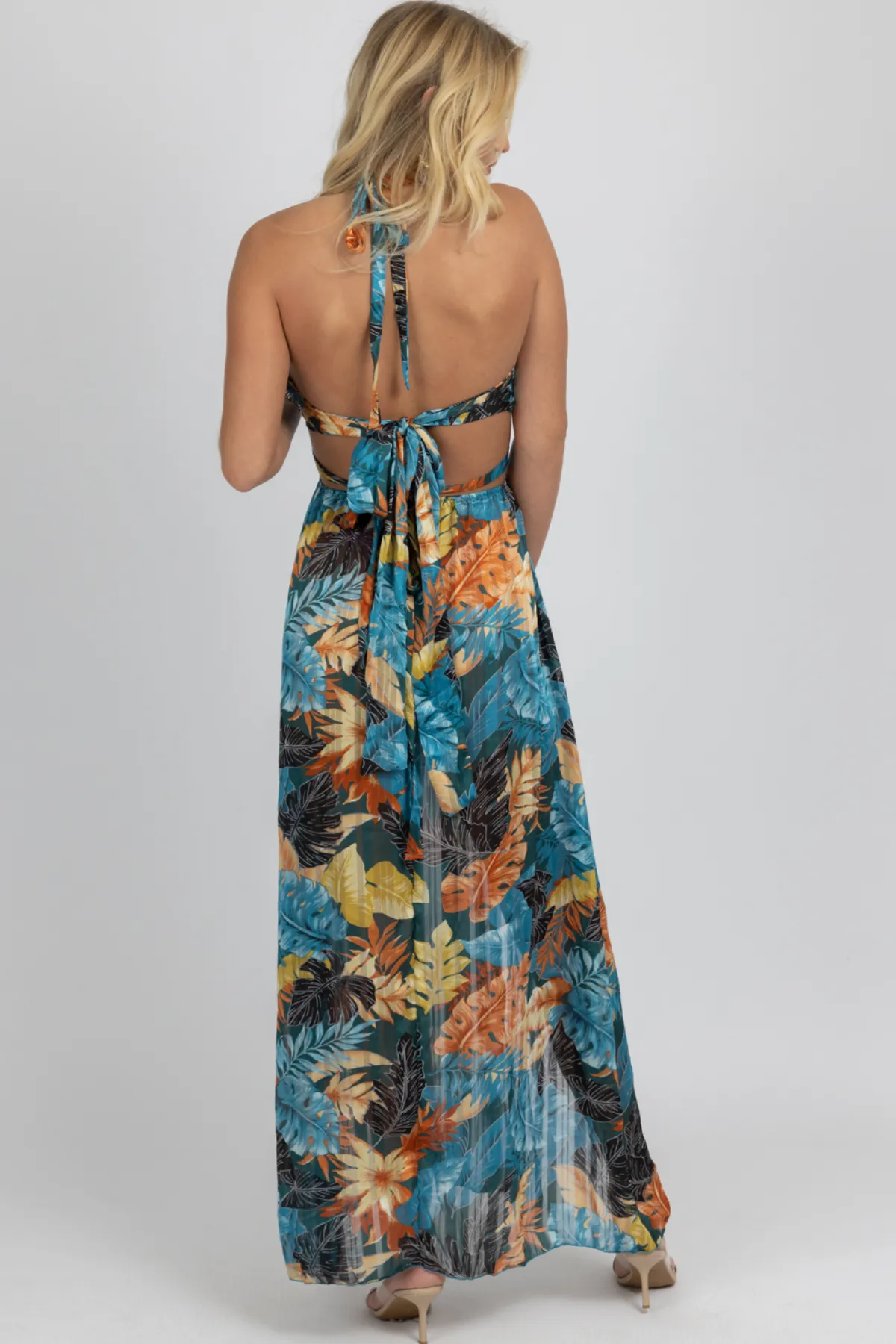 TEAL TROPICAL HIGH SLIT MAXI COVER UP