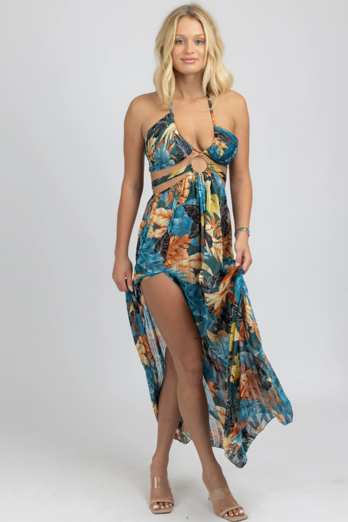 TEAL TROPICAL HIGH SLIT MAXI COVER UP