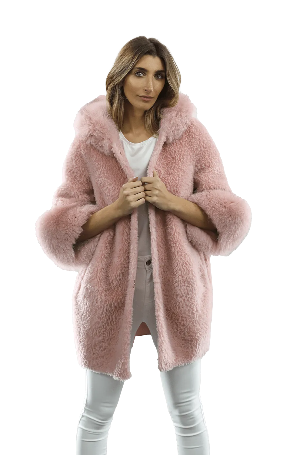 Teddy Coat with Fox Trim Hood/Cuffs - Pink