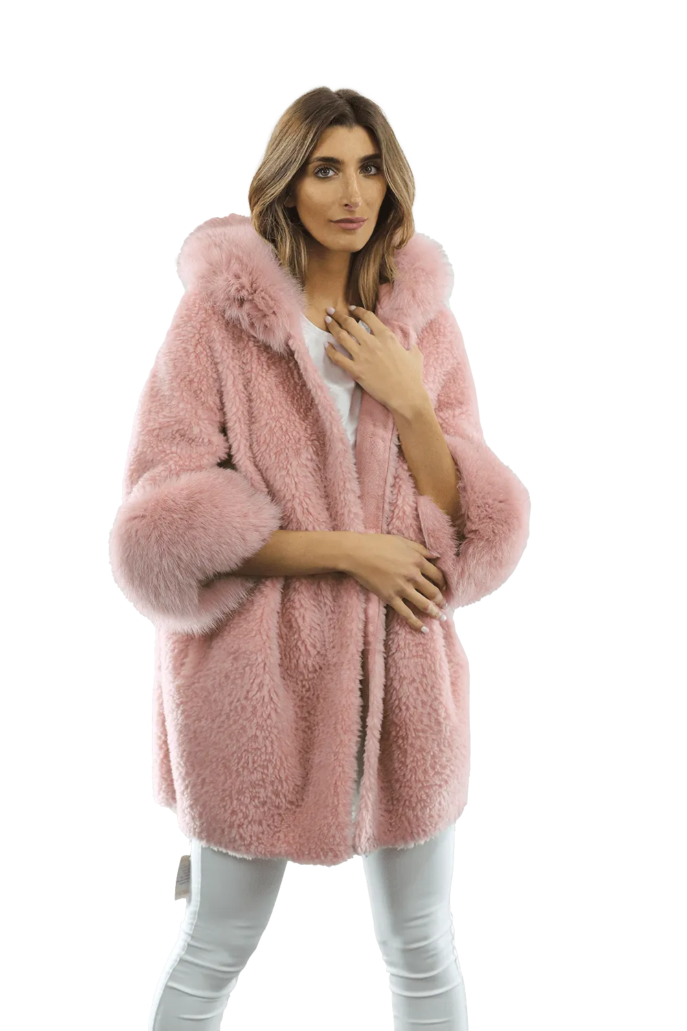 Teddy Coat with Fox Trim Hood/Cuffs - Pink