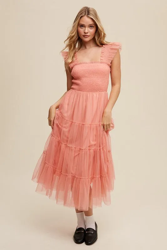 TEEK - Smocked Ruffle Tiered Mesh Bottom Dress