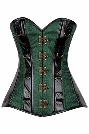 Top Drawer Dark Green Brocade & Faux Leather Steel Boned Corset