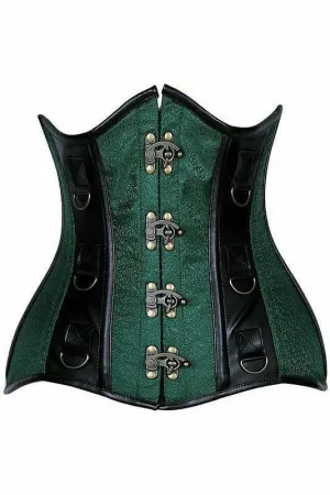 Top Drawer Dark Green Brocade & Faux Leather Steel Boned Under Bust Corset