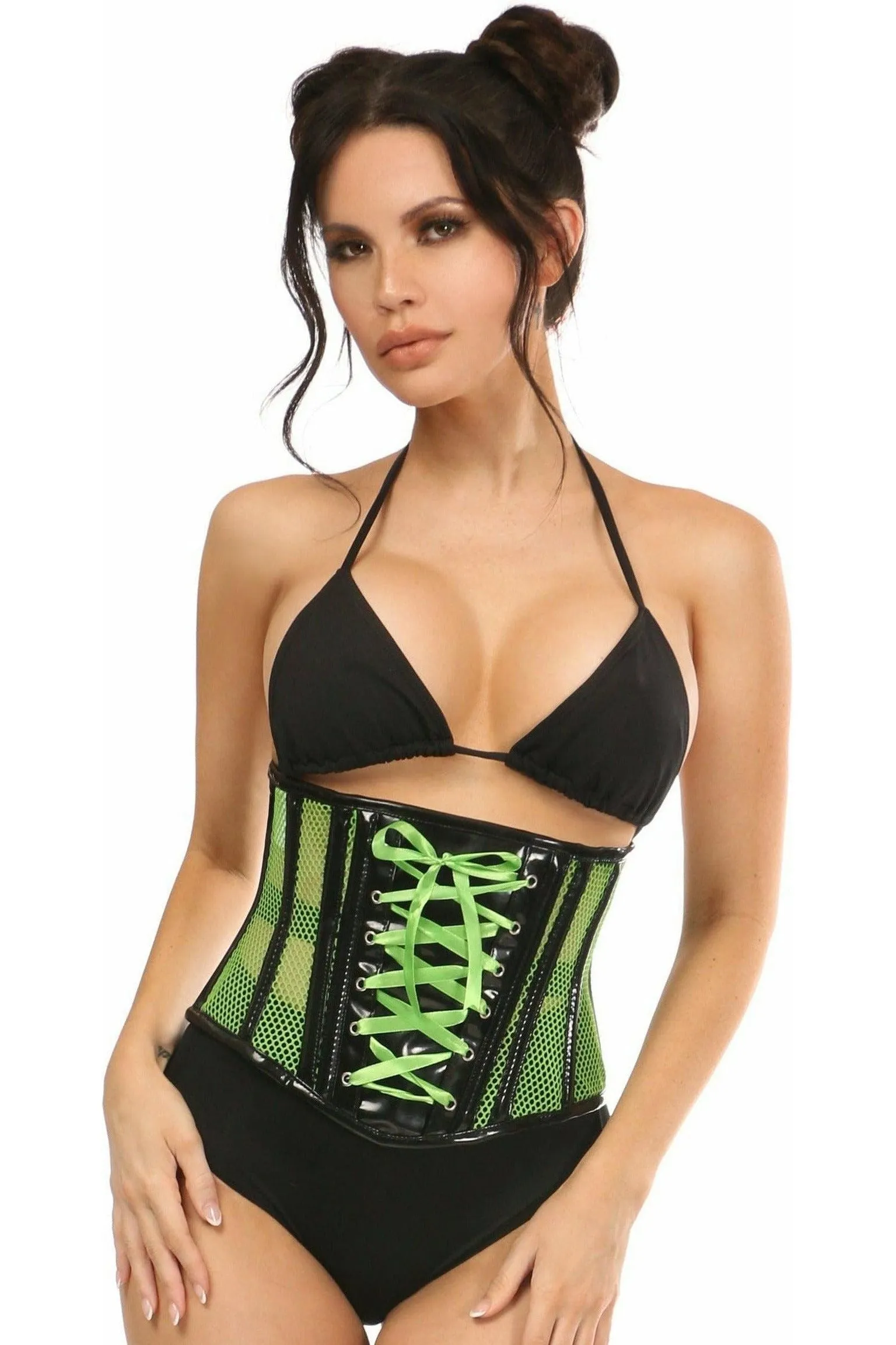 Top Drawer Neon Green Patent & Fishnet Underbust Corset