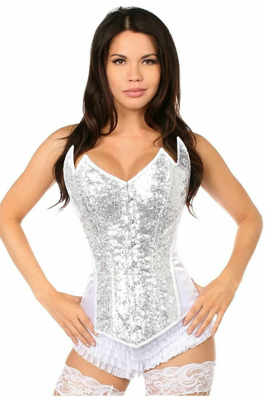 Top Drawer White/Silver Sequin Pointed Top Steel Boned Corset