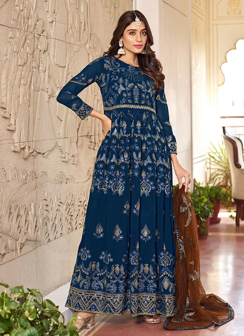 Turquoise Multi Embroidery Gerogette Anarkali Suit