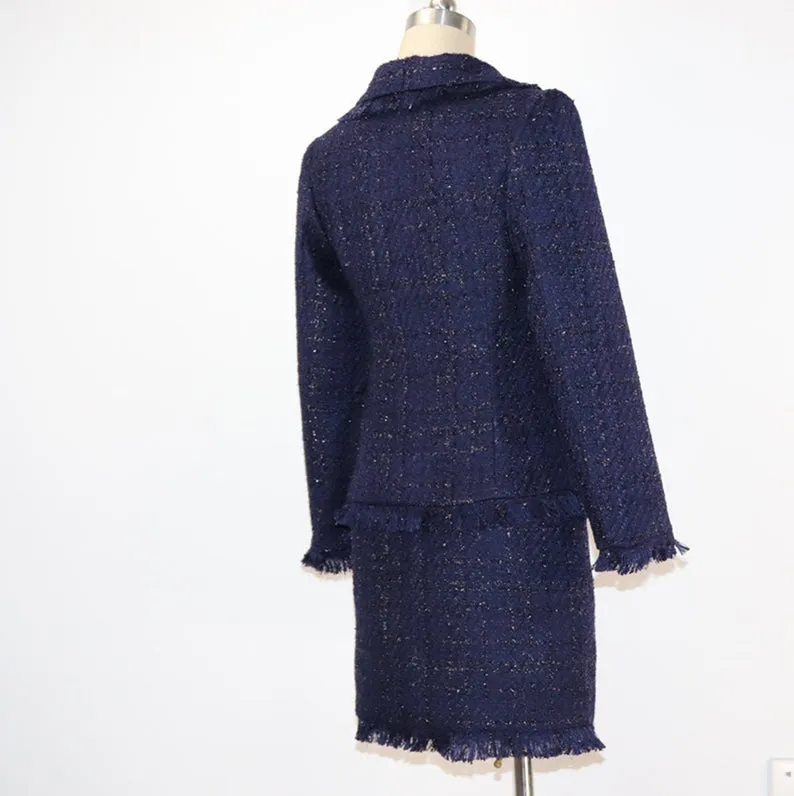 Tweed Tassel Blazer Custom Made Sequined    Skirt Suit Navy