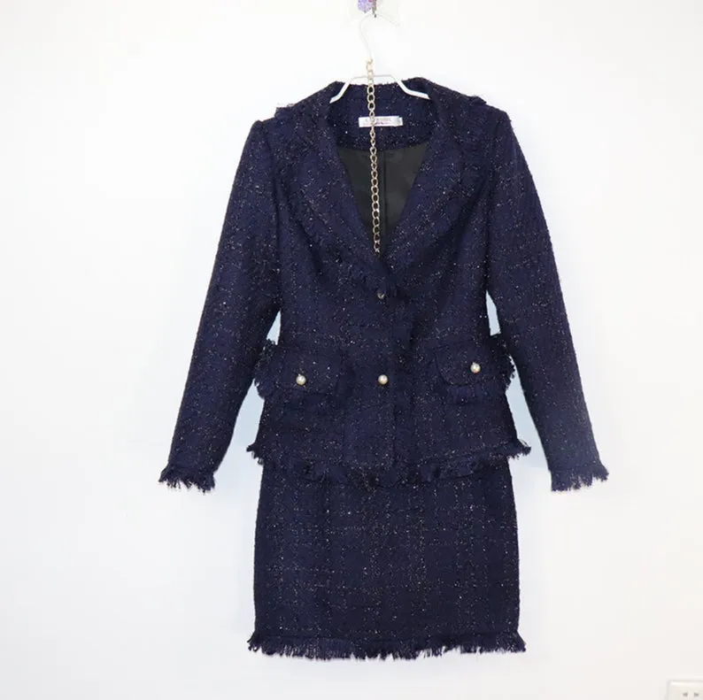 Tweed Tassel Blazer Custom Made Sequined    Skirt Suit Navy