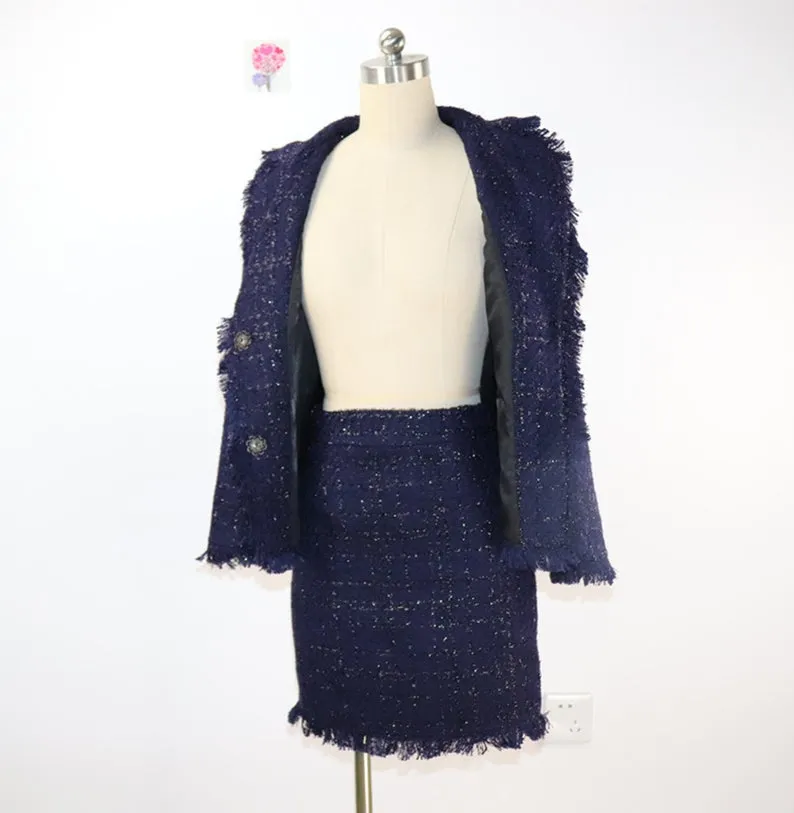 Tweed Tassel Blazer Custom Made Sequined    Skirt Suit Navy