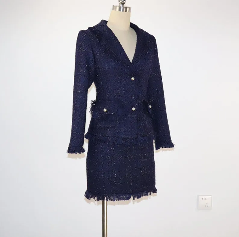 Tweed Tassel Blazer Custom Made Sequined    Skirt Suit Navy