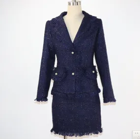 Tweed Tassel Blazer Custom Made Sequined    Skirt Suit Navy