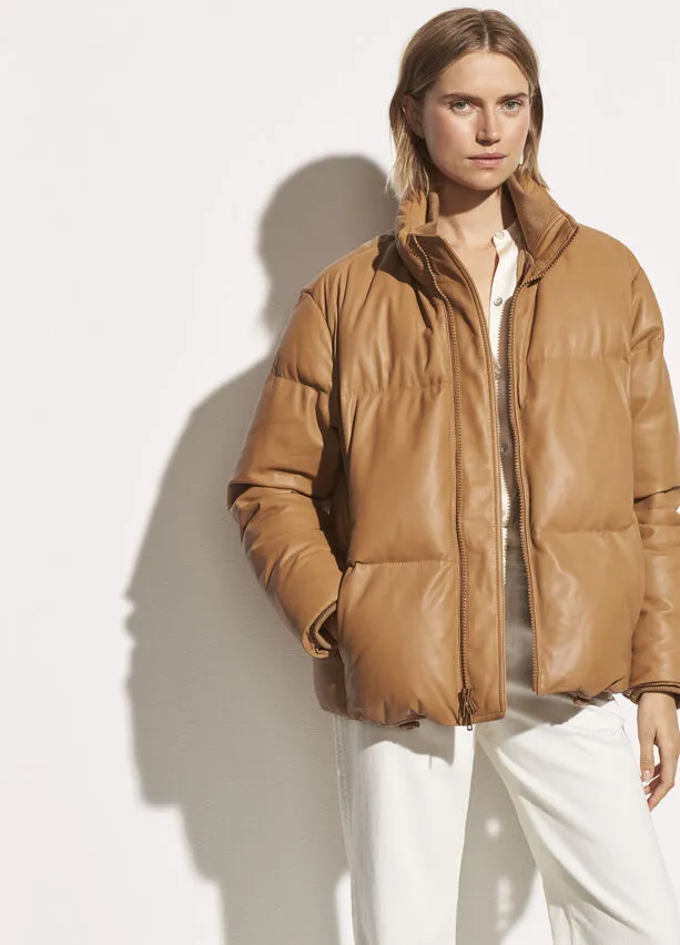 Vince - Leather Puffer Jacket in Dark Camel