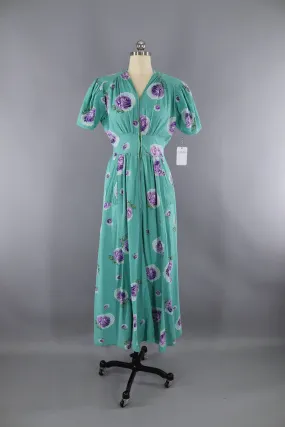 Vintage 1940s Hostess Dress / Aqua Blue Green Floral Print Seersucker Cotton