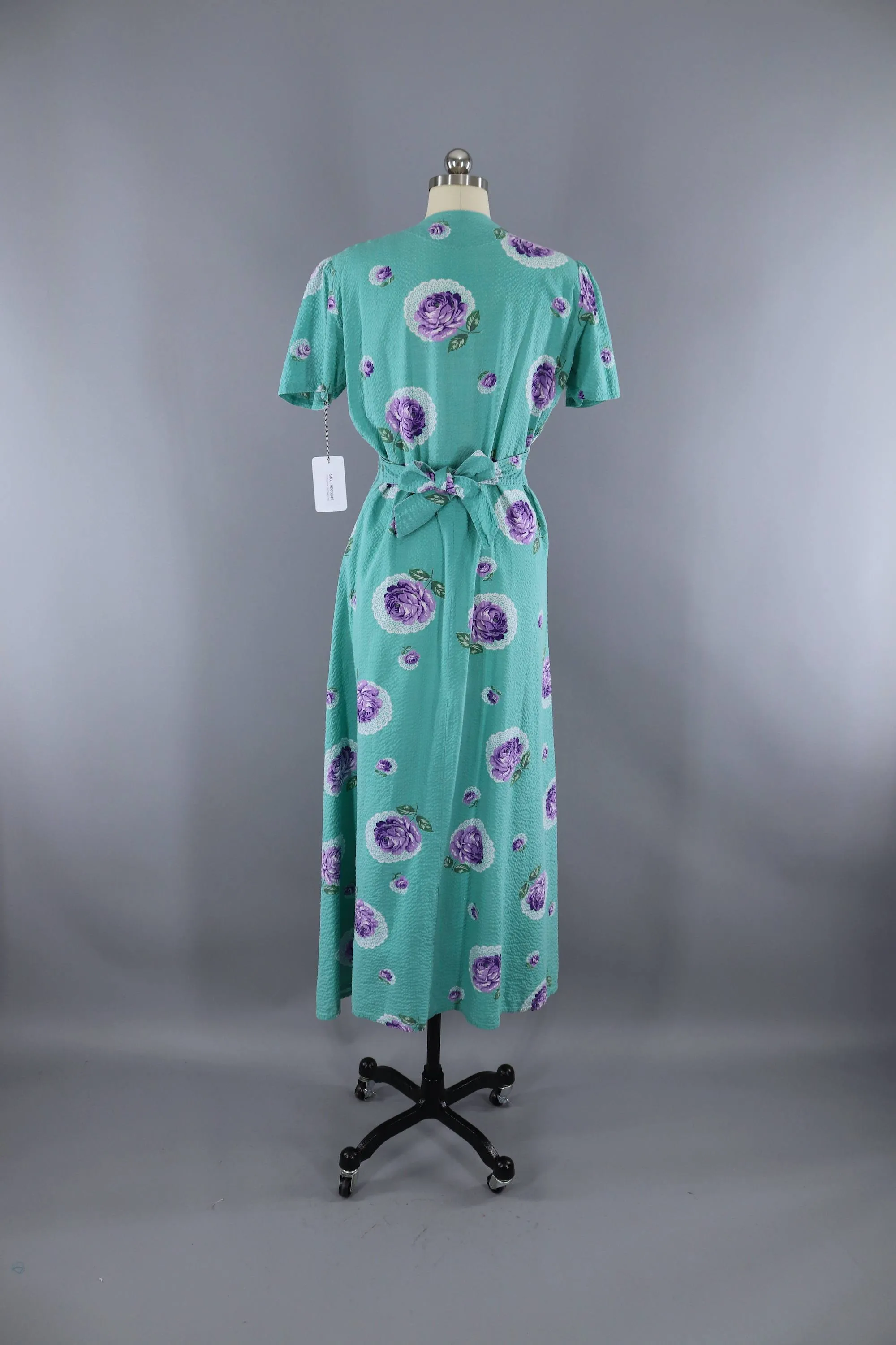 Vintage 1940s Hostess Dress / Aqua Blue Green Floral Print Seersucker Cotton