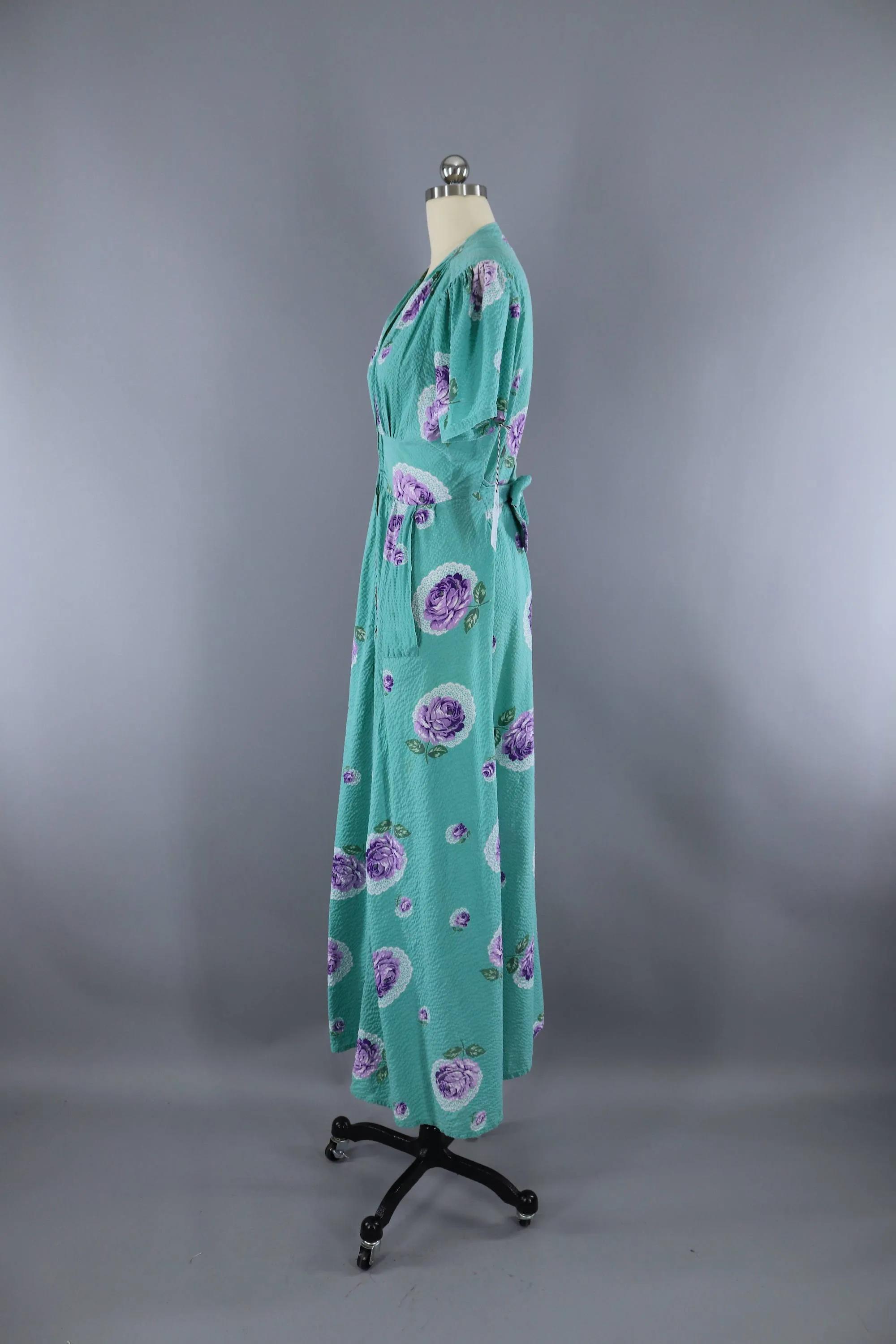 Vintage 1940s Hostess Dress / Aqua Blue Green Floral Print Seersucker Cotton