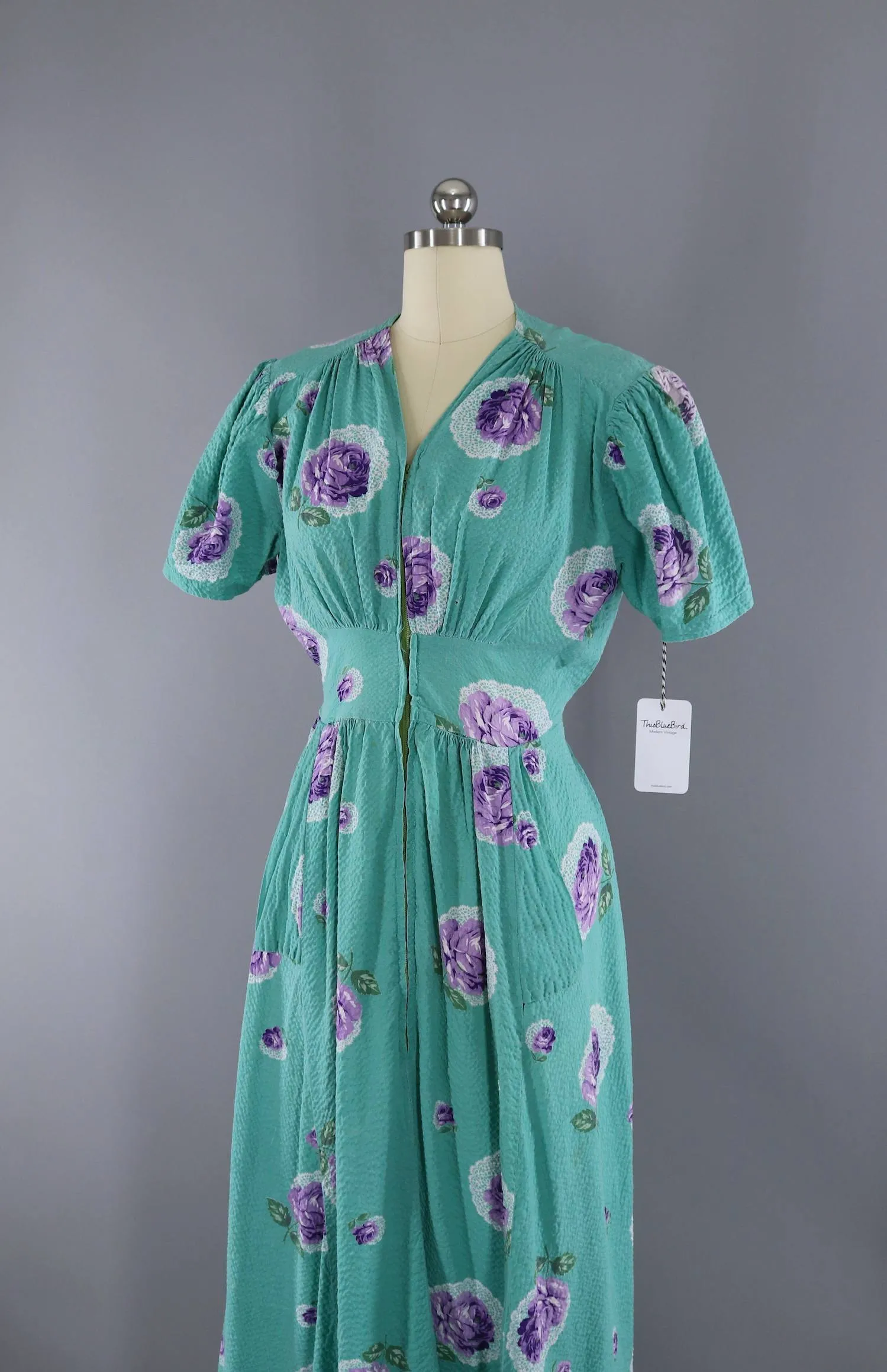 Vintage 1940s Hostess Dress / Aqua Blue Green Floral Print Seersucker Cotton