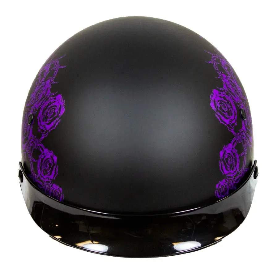 VOSS 707FRP Black Skull and Rose Half Helmet with Peak