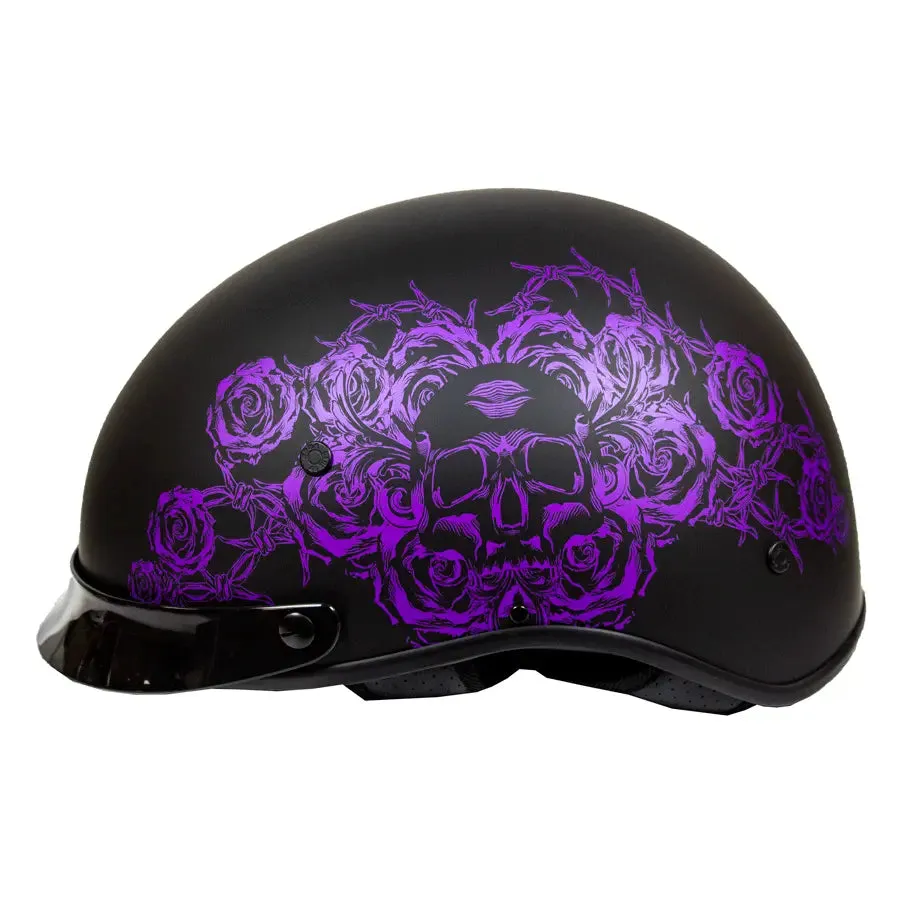 VOSS 707FRP Black Skull and Rose Half Helmet with Peak