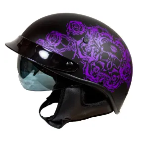 VOSS 707FRP Black Skull and Rose Half Helmet with Peak