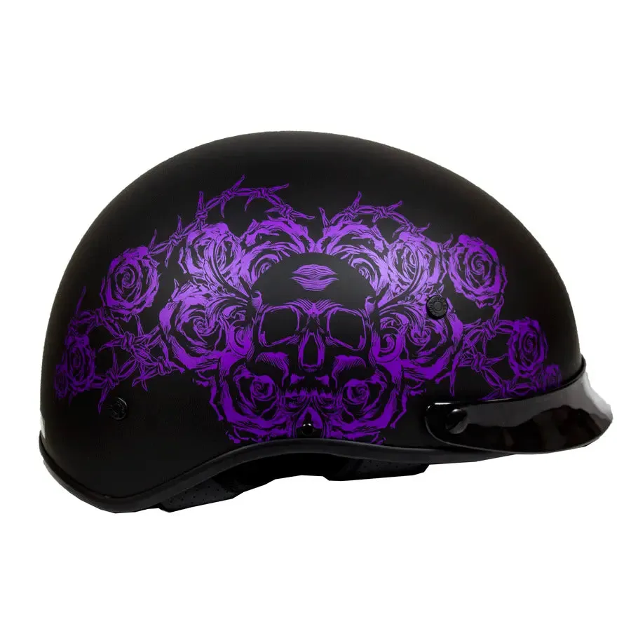 VOSS 707FRP Black Skull and Rose Half Helmet with Peak