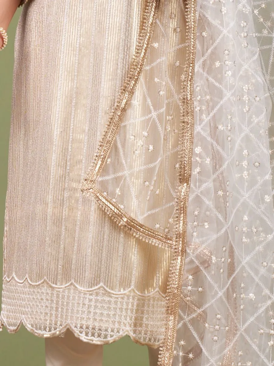 White & Cream Net Embroidery & Lace Detailing Suit Set with Dupatta