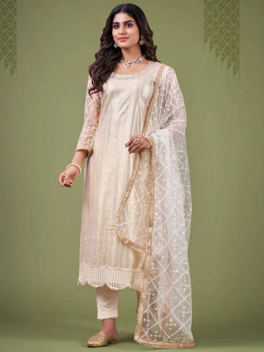 White & Cream Net Embroidery & Lace Detailing Suit Set with Dupatta