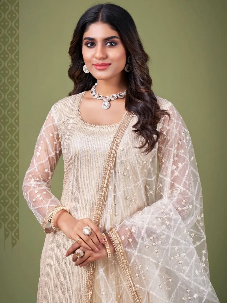 White & Cream Net Embroidery & Lace Detailing Suit Set with Dupatta